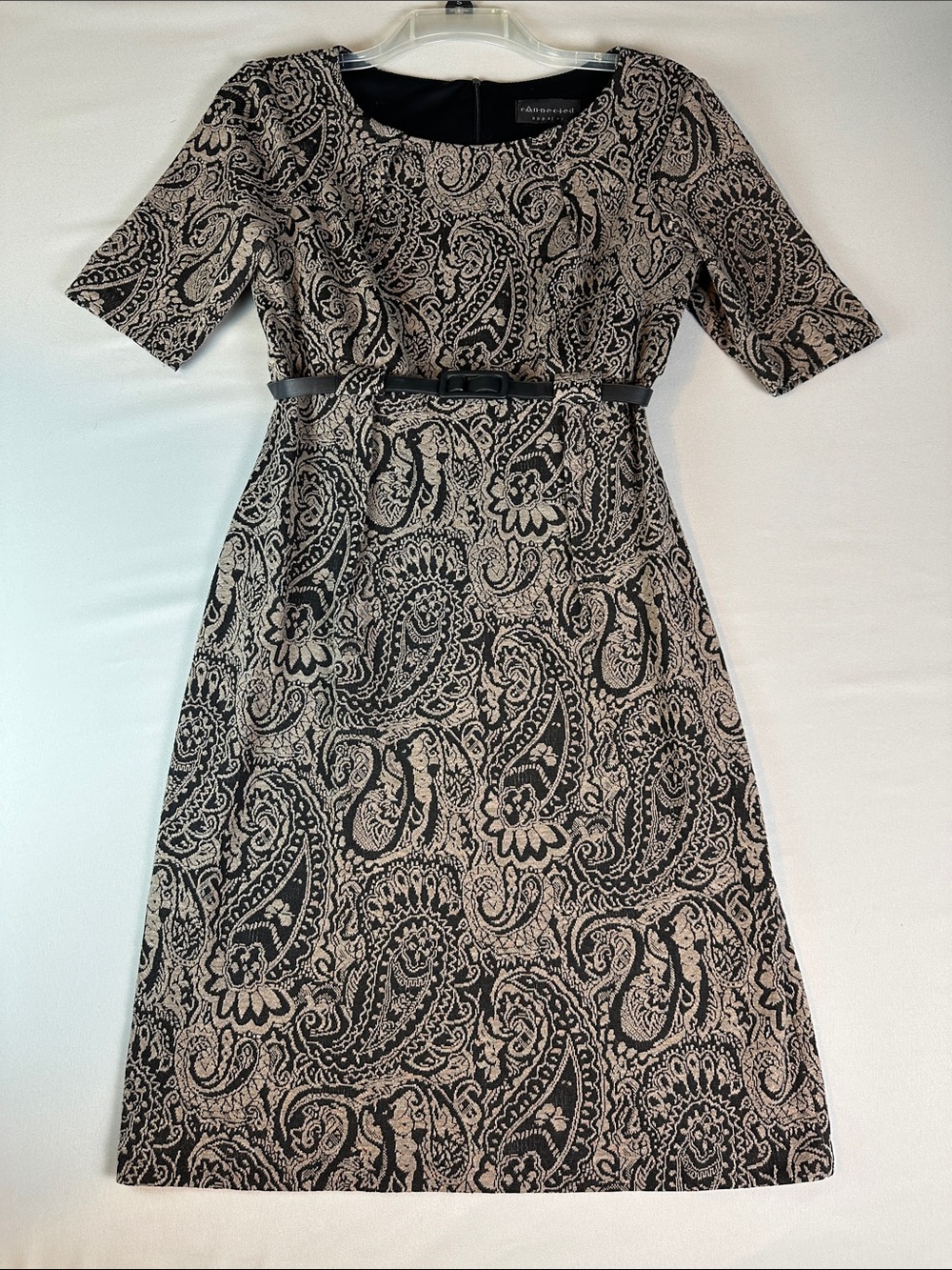 connected apparel Black and Cream Paisley Sheath Dress Shift Belt Y2K
